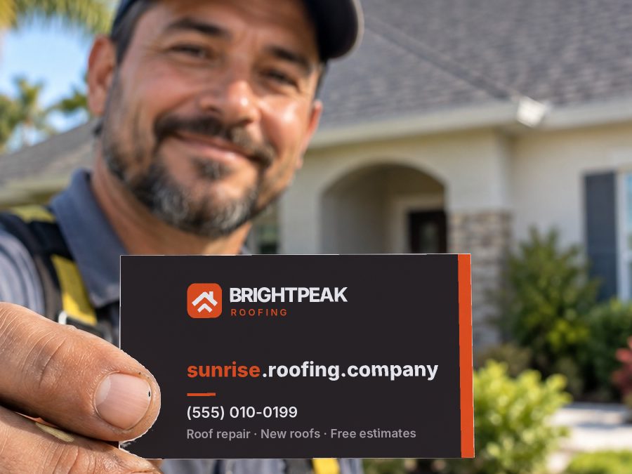 sunrise.roofing.company on a roofer's business card
