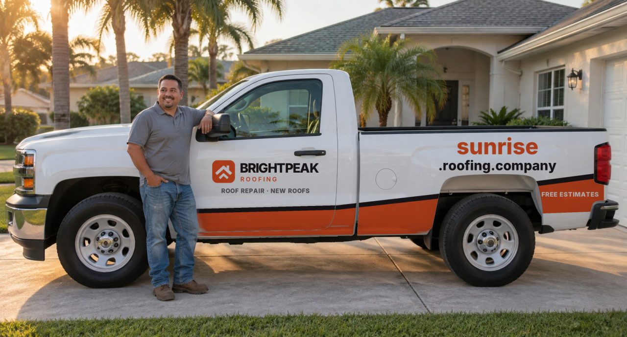 sunrise.roofing.company painted on the side of a white work truck