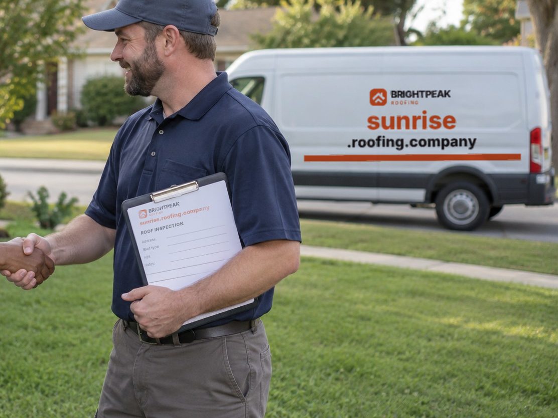 sunrise.roofing.company on a roofing van and an inspection form